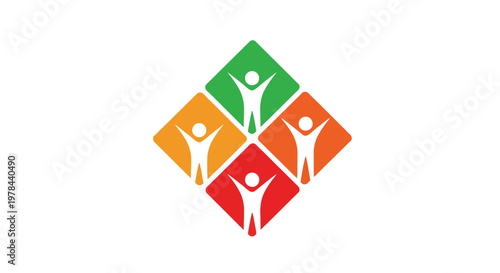 A colorful diamond shaped logo featuring four stylized human figures with arms raised in celebration