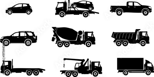 Black vehicle silhouette icons set, commercial construction trucks and passenger cars collection, industrial transport and logistics vector graphics