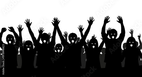 People raising hands in protest.