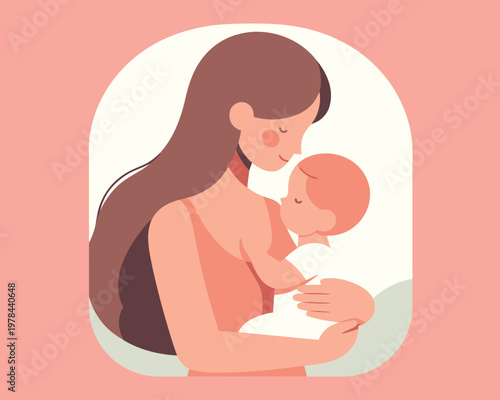 Illustration of a mother breastfeeding her baby, depicting love, care, and maternal bonding in a flat minimalist style