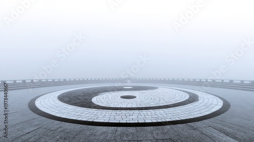 yin. Empty circular courtyard with a large Yin-Yang symbol on the ground. event programs, museum guides, designed for cultural heritage projects and event programs.