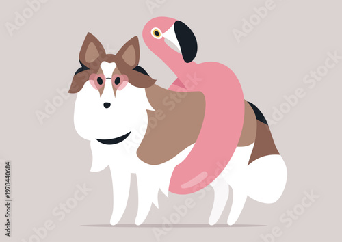 A playful sheltie stands cheerfully while a vibrant flamingo float wraps around its body, The warmth of the sunny day enhances the joyful scene, bringing smiles and delight.