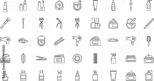 Beauty icons, cosmetics vector, personal care illustration, makeup tools silhouettes, skincare product graphics, grooming design set, fashion accessories, hair styling elements