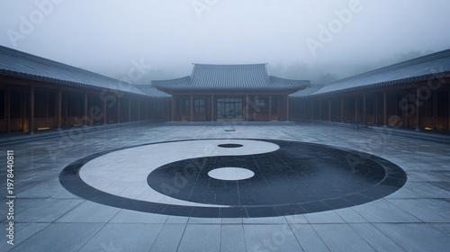 yin. Empty circular courtyard with a large Yin-Yang symbol on the ground. event programs, museum guides, designed for cultural heritage projects and event programs.