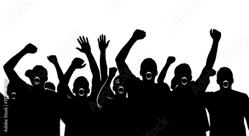 Group of people raising fists up.