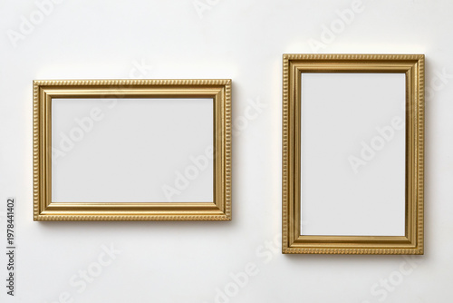 Gold decorative picture frames on white wall