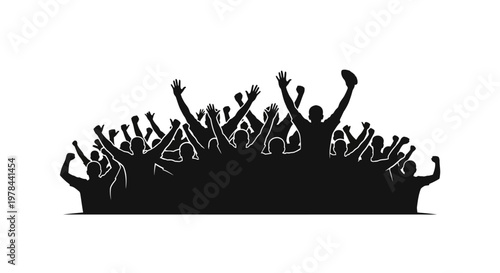 Silhouette of people cheering with hands up.