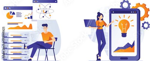 Two women viewing and interacting with a large touchscreen display