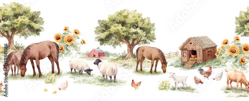 Watercolor Farm Animals Seamless Border Pattern Horizontal Countryside Scene Nursery Farmhouse Design