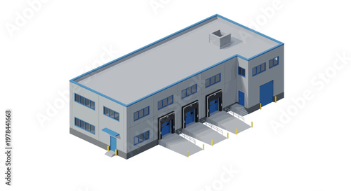 Isometric 3D rendering of a gray industrial warehouse building with blue accents and loading docks on a white background.