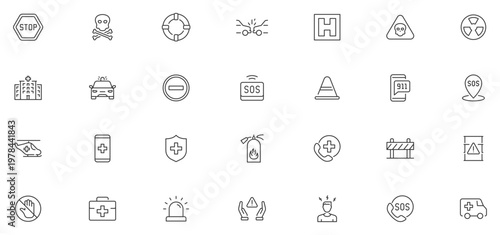 Emergency web icons in line style. Evacuation, SOS emergency call, ambulance, help, emergency hotline, exit, collection. Editable stroke. Vector illustration.