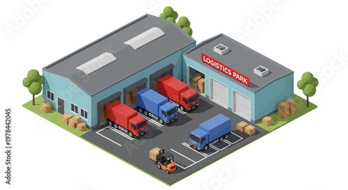Isometric illustration of a warehouse with trucks and a forklift in a parking lot
