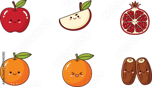 Set of cute cartoon fruits including apple, orange, pomegranate and dates, kawaii food characters isolated vector illustration for kids design
