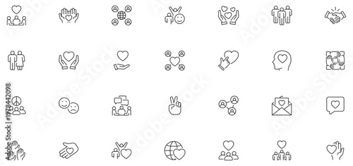 Friendship web icons in line style. Interaction, friend, relationship, mutual assistance, social responsibility, buddy, love, collection. Editable stroke. Vector illustration.