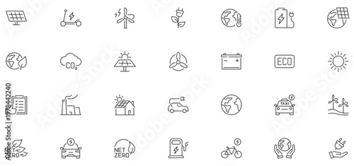 Green city web icons in line style. Green energy, autonomous building, efficient, environment, recycle technology, renewable solar, collection. Vector illustration.