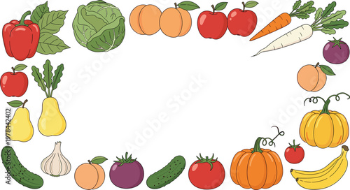 Vegetable and fruit frame border with fresh organic produce, healthy food illustration isolated vector for grocery, farming and nutrition design