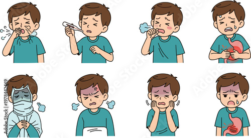 Set of sick child symptoms including fever, cough, cold and stomach pain, healthcare illness concept illustration isolated vector for medical design