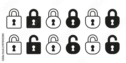 Set of black and line open and close padlock icons for security and protection concept. Locked and unlocked padlock signs Digital safety sign for access control and web interface. Vector illustration
