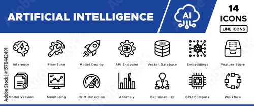 Artificial Intelligence Line Icons, a comprehensive vector set of 14 AI-related symbols for technology, data science, and machine learning concepts. Modern black and white outline graphics for