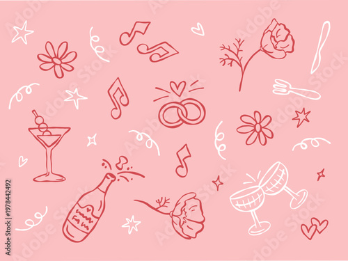 Romantic hand-drawn doodle set of love and wedding elements. Perfect for designs about love, romance, dating, weddings, anniversaries, and celebrations.