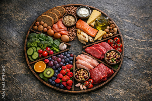 Five Food Groups Wheel on Dark Stone Background
