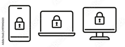 Smartphone, laptop and computer screen icons with padlock symbol. Cyber security and digital data protection concept. Privacy software interface for mobile and desktop technology. Vector illustration