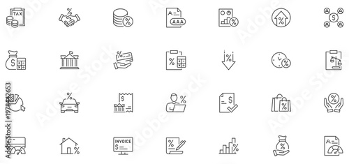 Loan and Credit web icons in line style. Credit card, deposit, car leasing, rate interest, calculator, income, rating, collection. Editable stroke. Vector illustration.