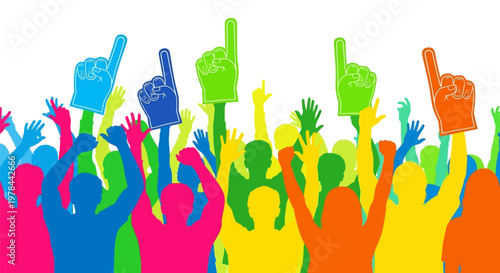 Colorful crowd with raised hands celebrating.