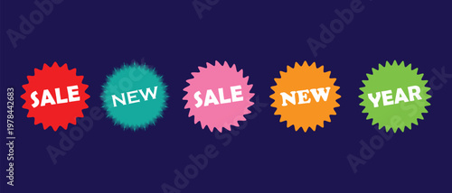 Colorful sale new year burst badges isolated on transparent background for promotions