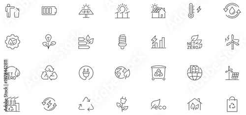 Net Zero web icons in line style. Green energy, CO2 neutral, gas emissions, climate, ecology, collection. Editable stroke. Vector illustration.