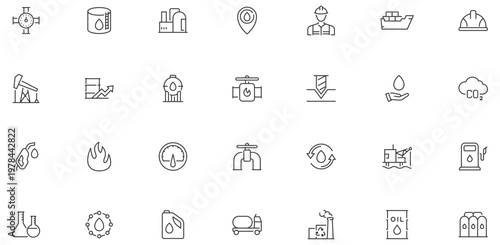 Oil and Gas web icons in line style. Fuel, gas station, refinery, petroleum, oil well, gas pump, energy, barrel, industry, transportation, collection. Vector illustration.