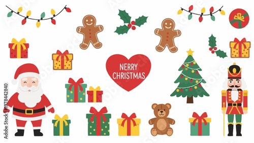 Christmas festive elements santa gifts tree gingerbread heart isolated vector