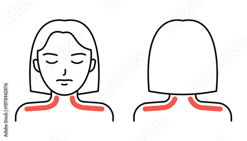 Woman with muscle neck pain and shoulder pain, suffering from discomfort. Medical problem, injury, or symptom concept for healthcare. Vector line illustration