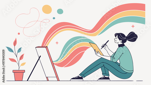 Female Artist Abstract Painting Flat Vector