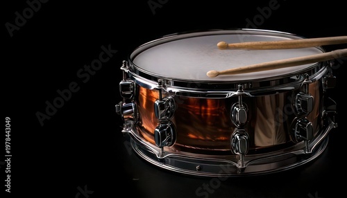 Close-up of a snare drum with drumsticks on black background.