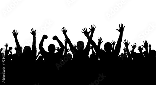 Silhouette of people raising hands up.