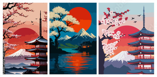 Beautiful set of three artistic panels featuring traditional Japanese pagodas and mount fuji sunset scenery