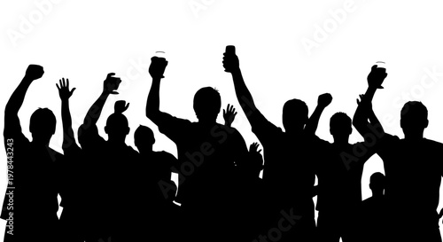 Silhouette of people cheering together.