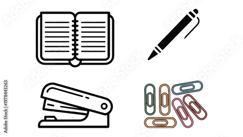 Stationery Essentials: A minimalist depiction of essential stationery items, perfect for adding a touch of professional flair to any creative project or office environment.