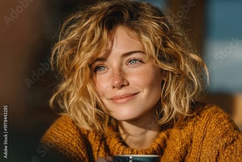 Portrait of a smiling woman with blonde hair in a warm orange sweater enjoying a mug