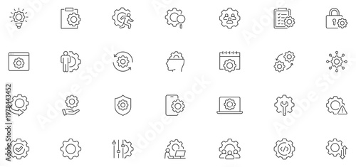 Setup and Settings web icons in line style. Options, download, update, configuration, gears, optimization, collection. Editable stroke. Vector illustration.
