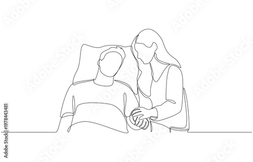 Continuous one line of man resting in hospital bed while his girlfriend sitting beside and holding his hand, emotional support during recovery, love and care in hospital concept, and single line art