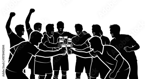 Silhouette of triumphant sports team celebrating.
