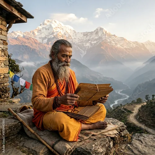 Fototapeta Indian Sadhu reading ancient vedic scriptures with Himalayan mountain peaks in the background