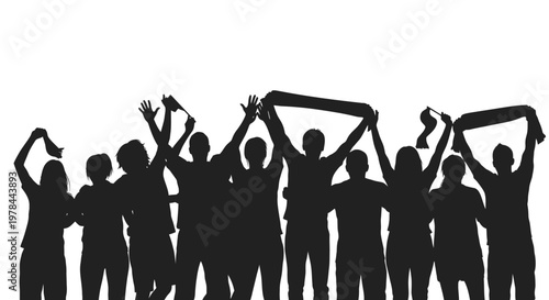 People cheering with raised arms silhouette.