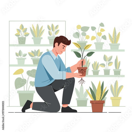 Man tending to potted plants in a plant shop.