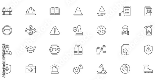 Work Safety web icons in line style. Protection, risk management, workplace security, insurance, health, hazard, helmet. Editable stroke. Vector illustration.