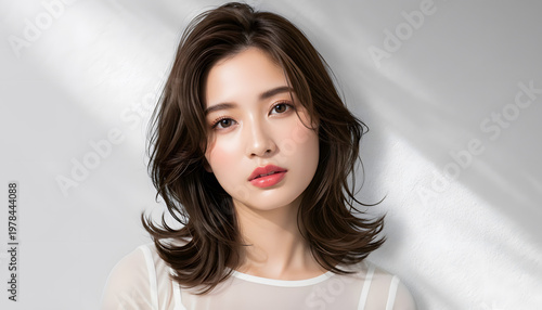 おしゃれなカットモデル女性の自然光ポートレート (Soft Radiance Portrait Series)