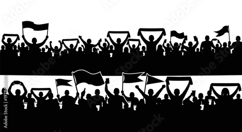 Crowd holding flags and shields demonstration.