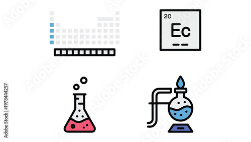 Science Elements: A collection of science-related icons, including the periodic table, element symbol, and lab equipment. Showcasing the wonders of scientific exploration. 